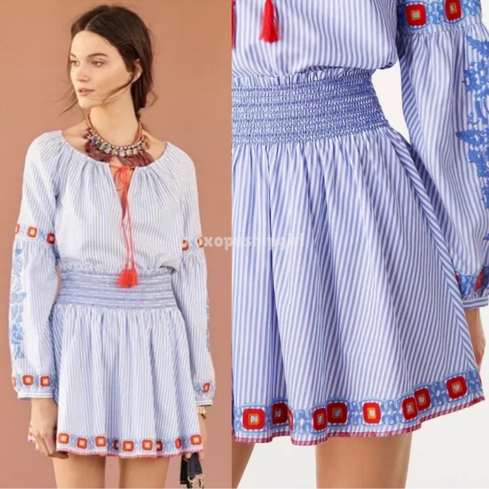 Tory Burch Blue Orange Embroidered Striped Grace Skirt Medium